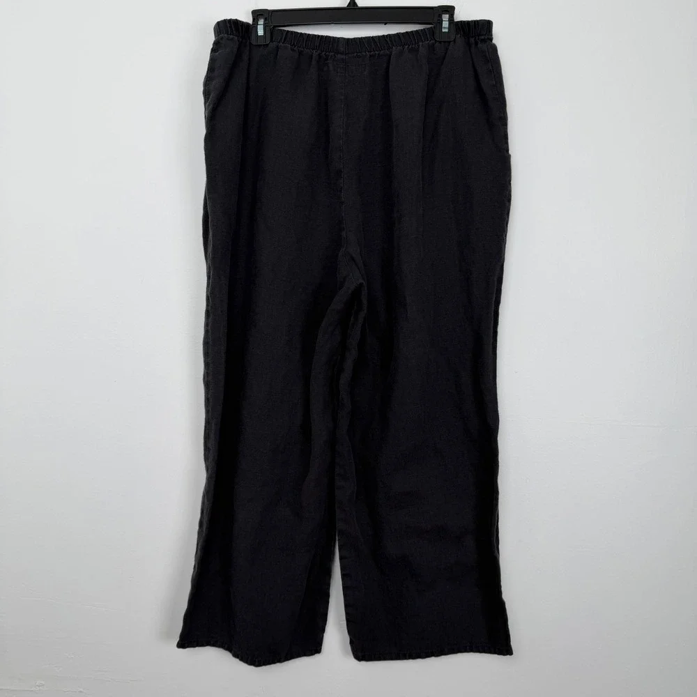 FLAX‎ Jeanne Engelhart Size M Black 100% Linen Wide Leg Elastic Waist Pants